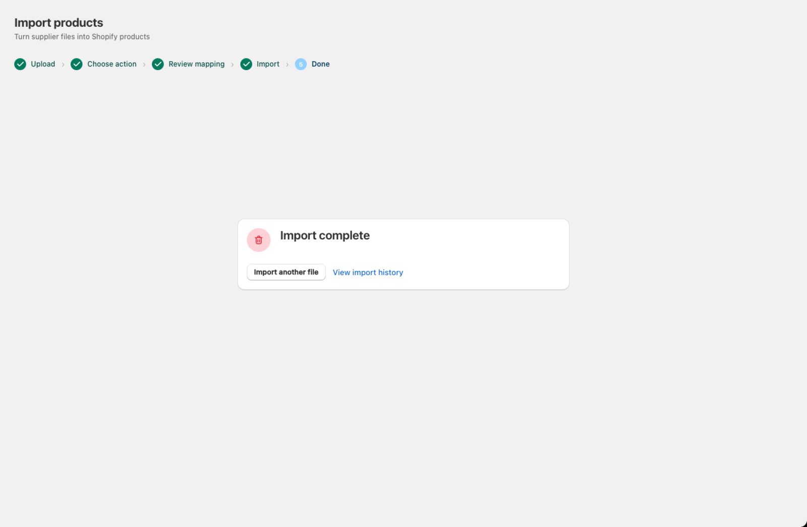 The Import complete screen after a bulk delete, marked with a trash icon
