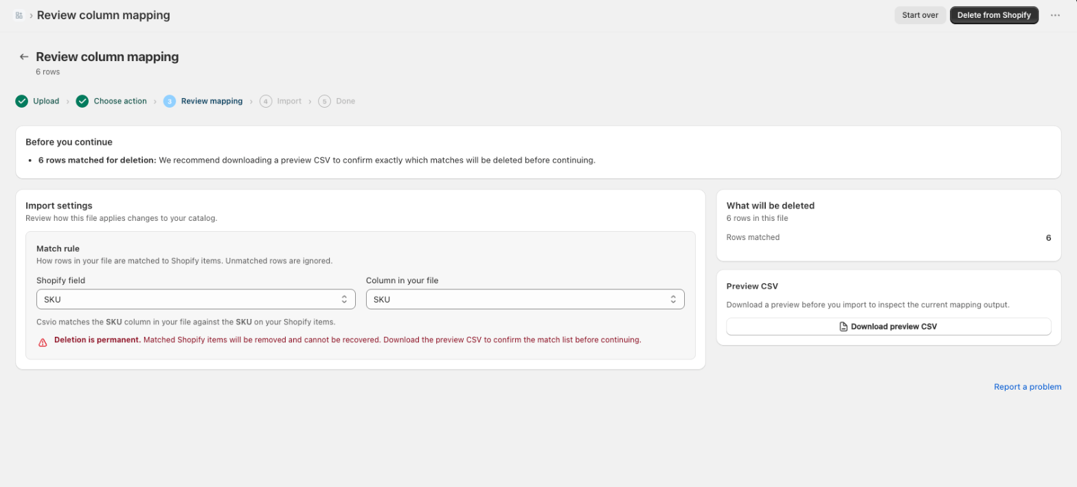 The Review mapping screen for a bulk delete, showing the match rule and how many rows matched