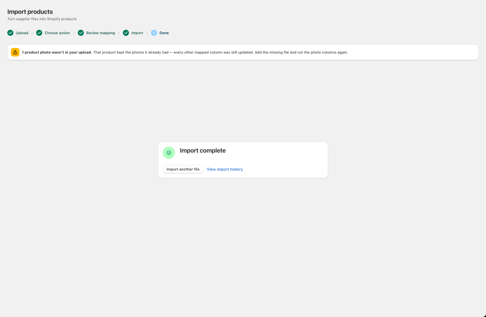 The Done screen showing that one product photo wasn't in the upload