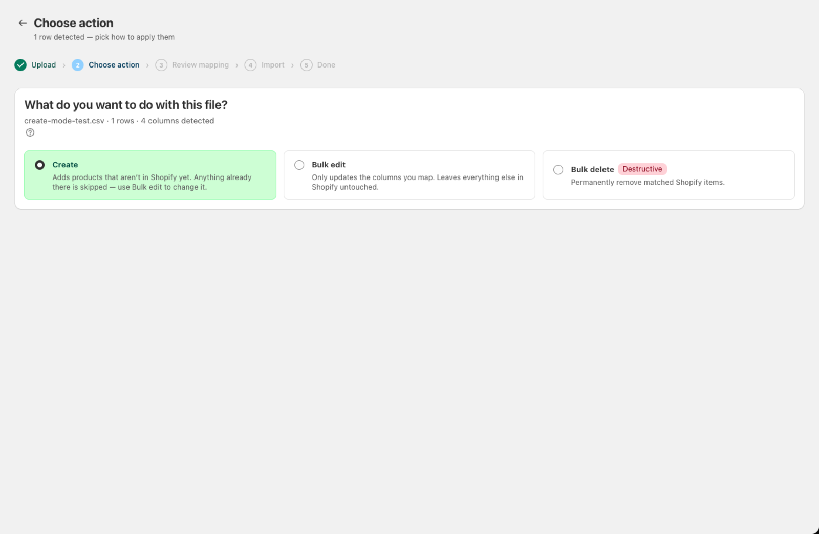 The action selection screen with Create, Bulk edit, and Bulk delete