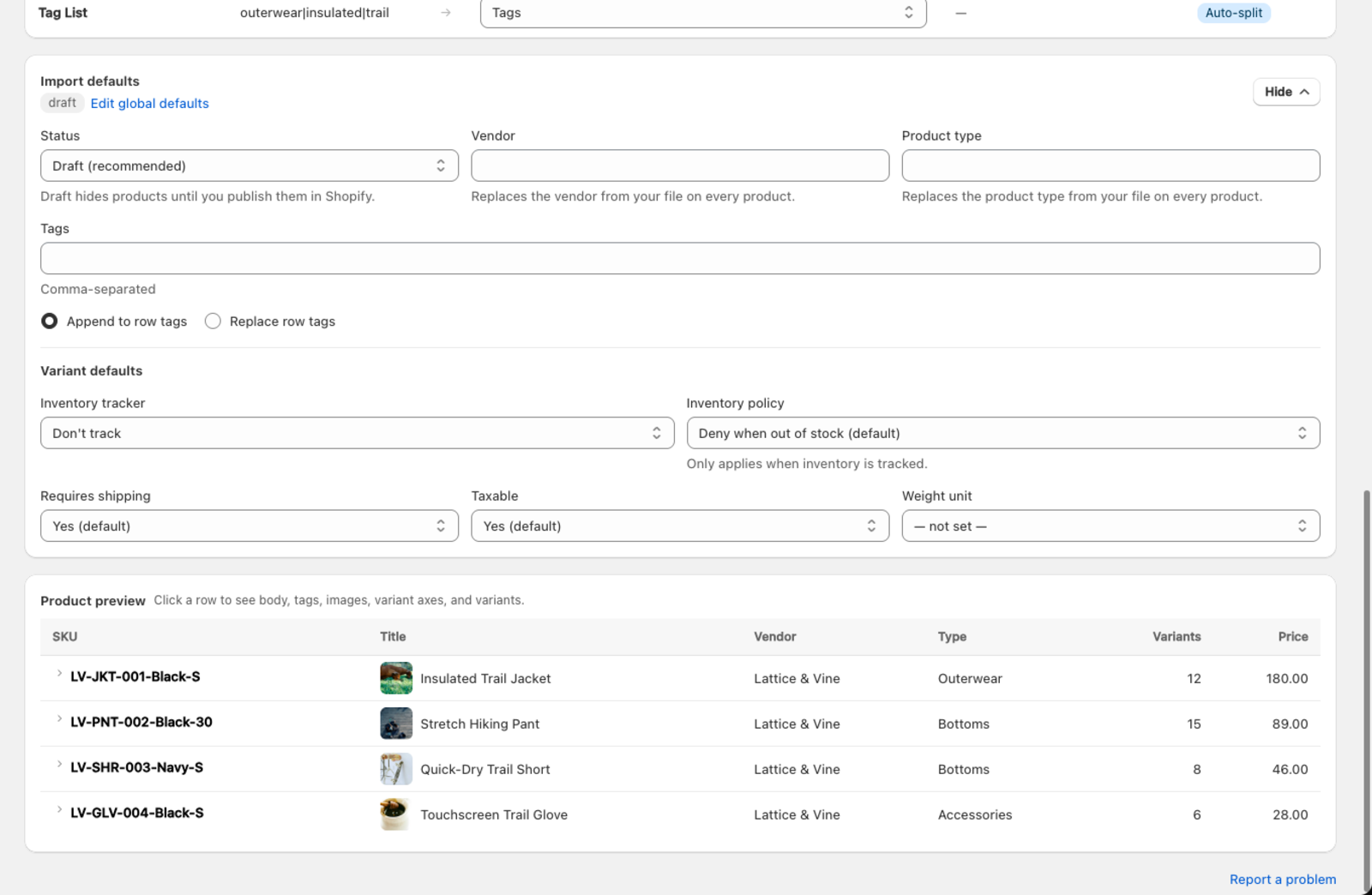 The expanded Import defaults card on the mapping screen, with the product preview below it