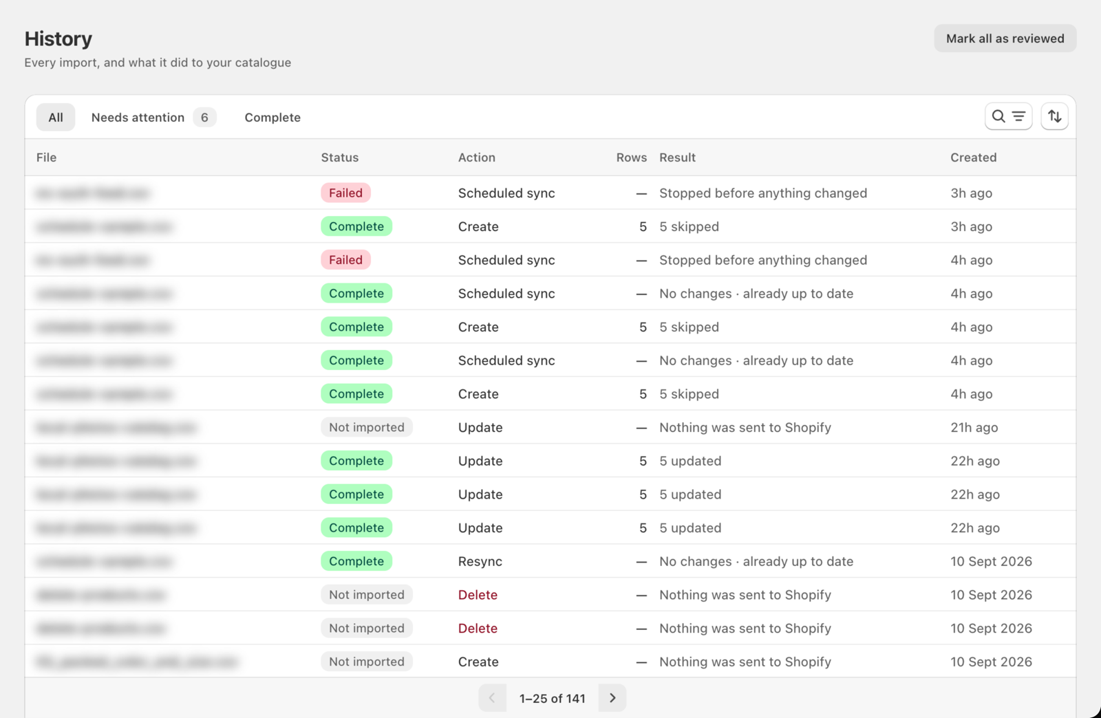 The History page listing recent runs — click any row to open its details, where Retry appears