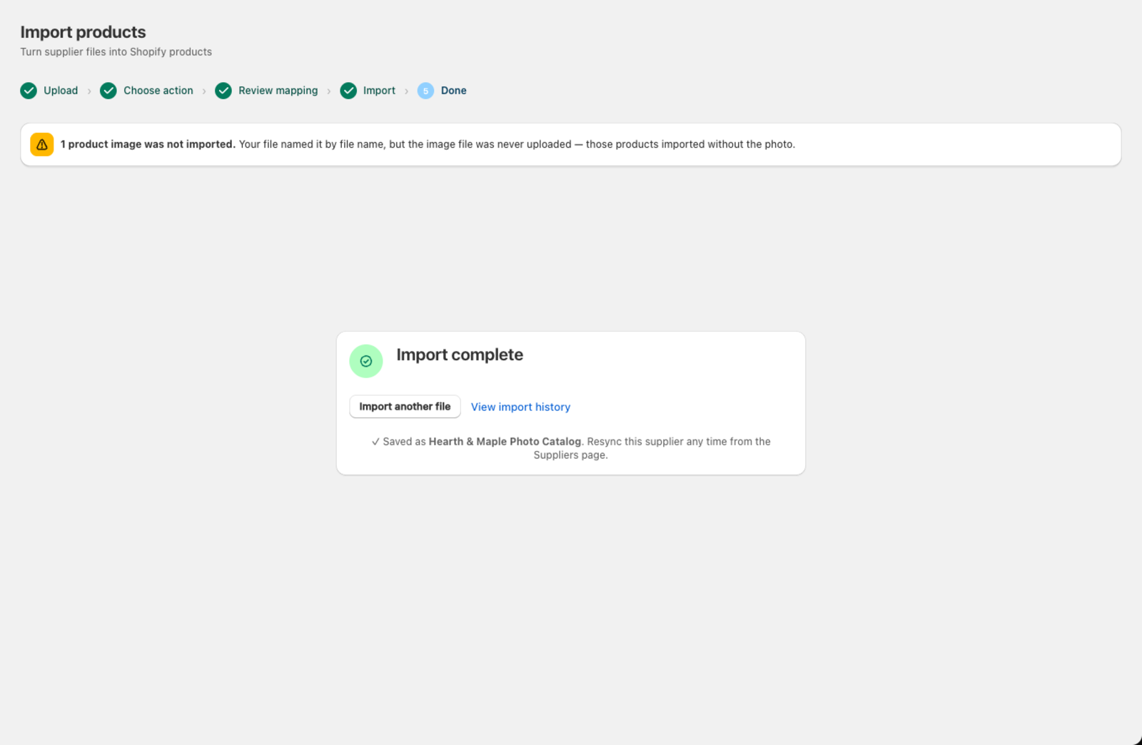 The Import complete screen with the option to name the supplier for future resyncs