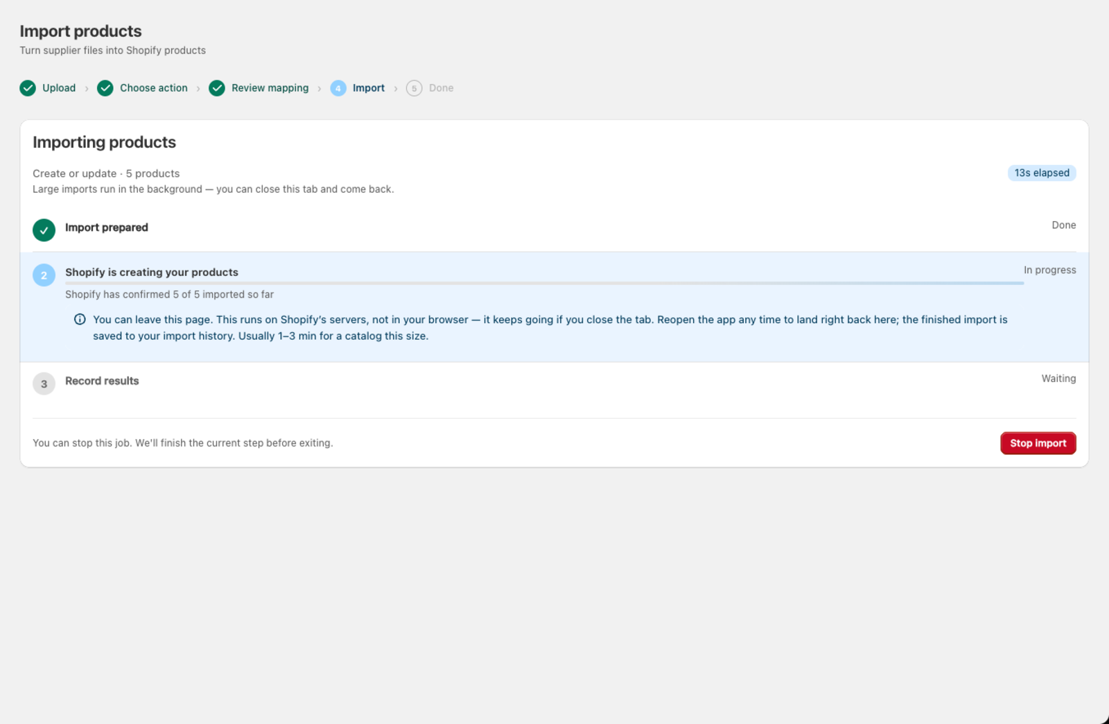 The import progress screen showing preparation, creation, and result-recording steps