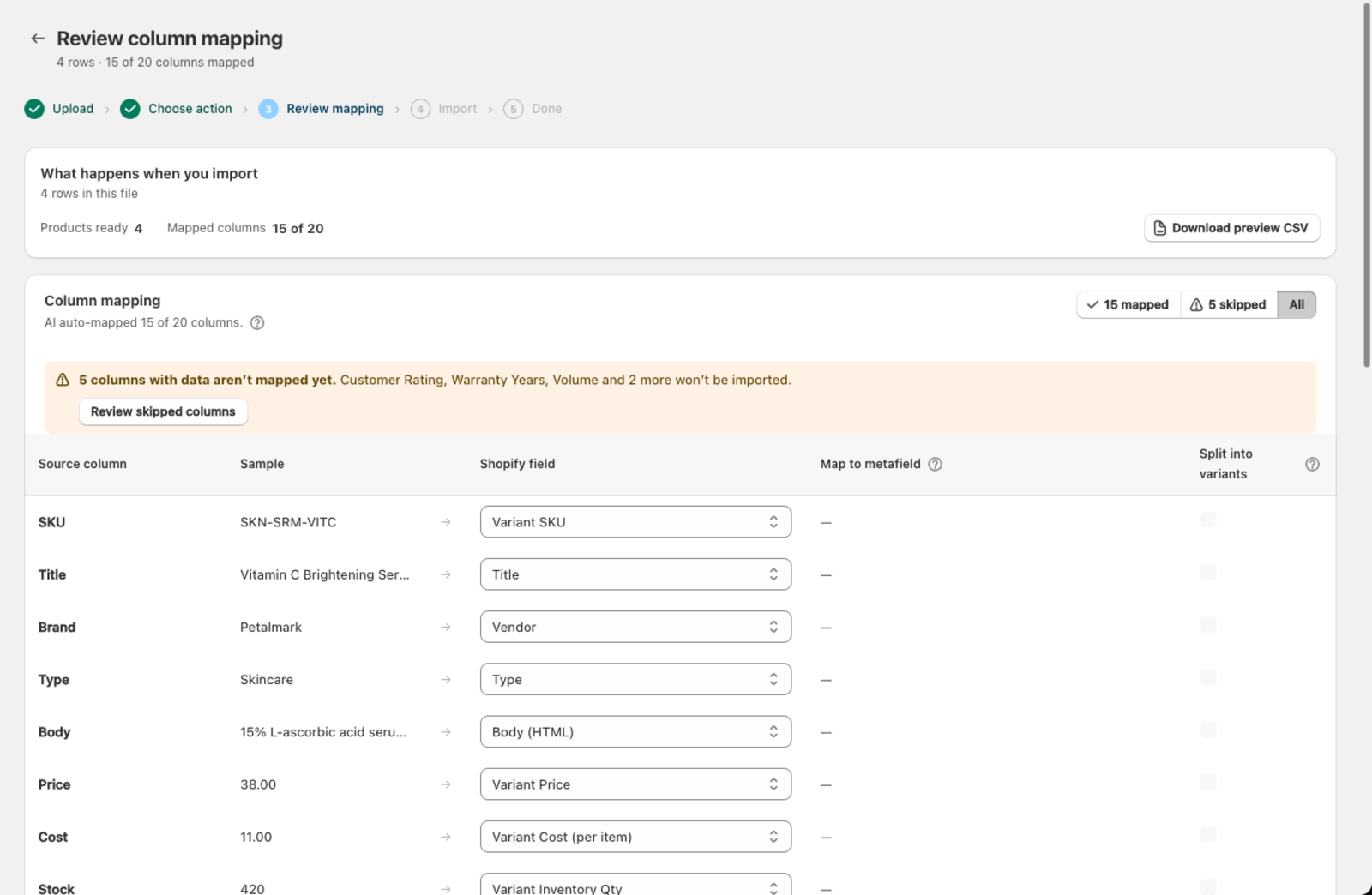 The mapping table — each row has a Shopify field dropdown you can change to fix a wrong mapping
