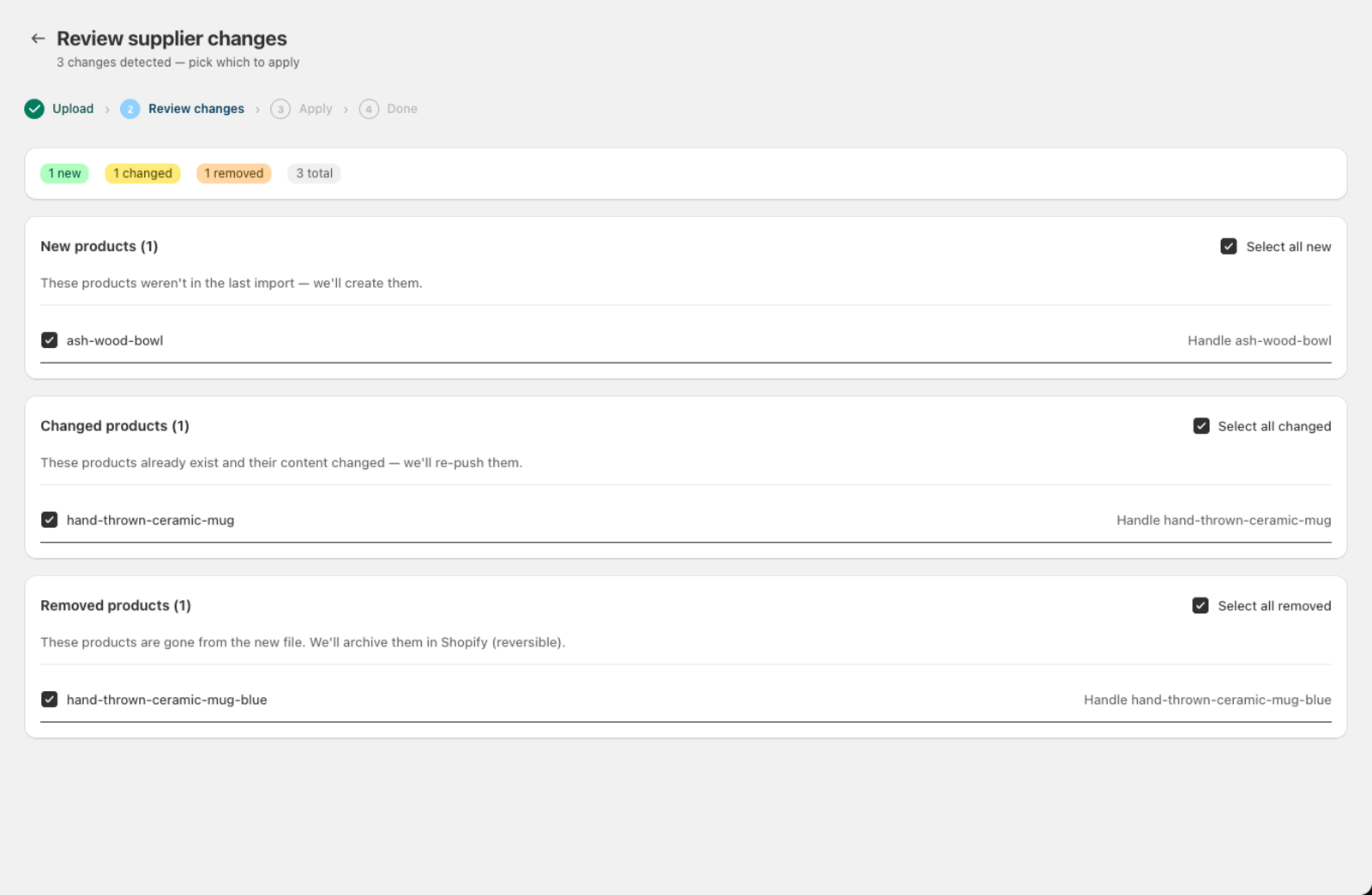 The Review supplier changes screen showing summary badges above the New, Changed, and Removed product sections