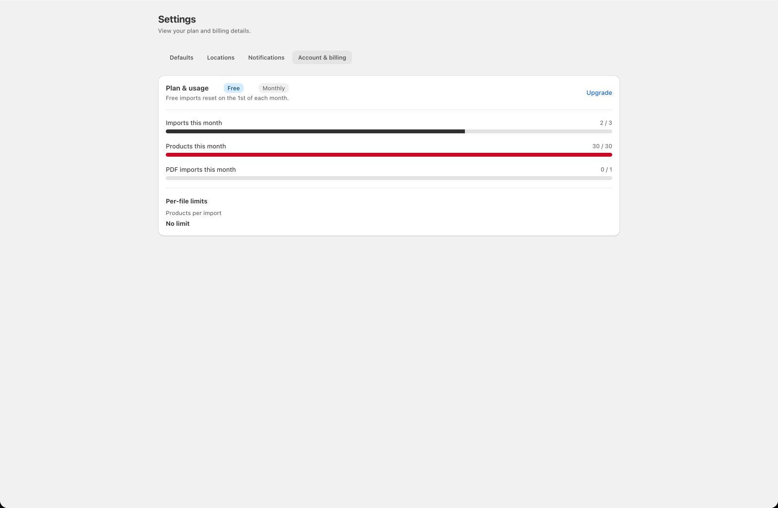 The Account & billing tab showing plan, usage, and per-file limits