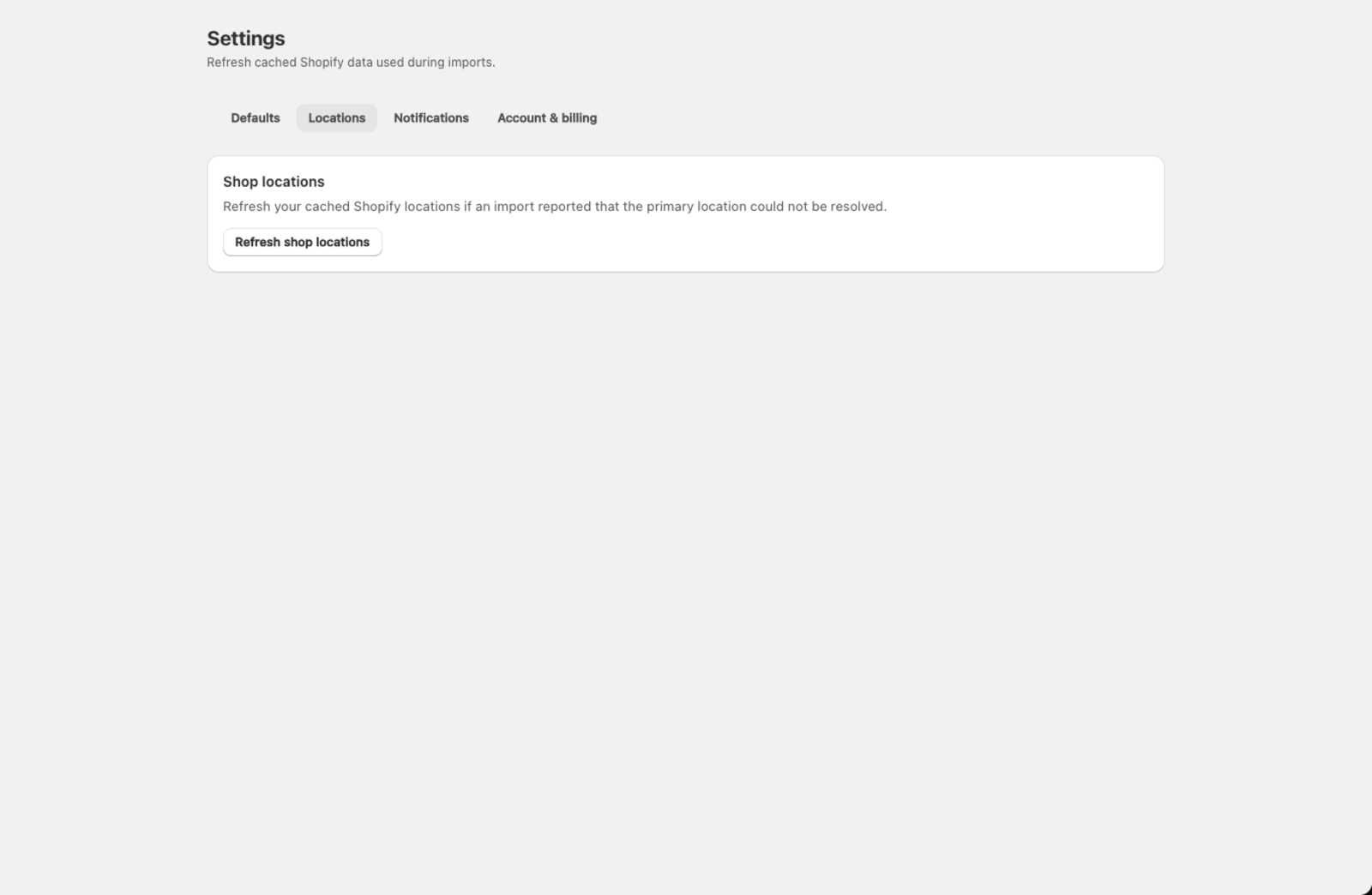 The Settings > Locations tab with the Refresh shop locations button