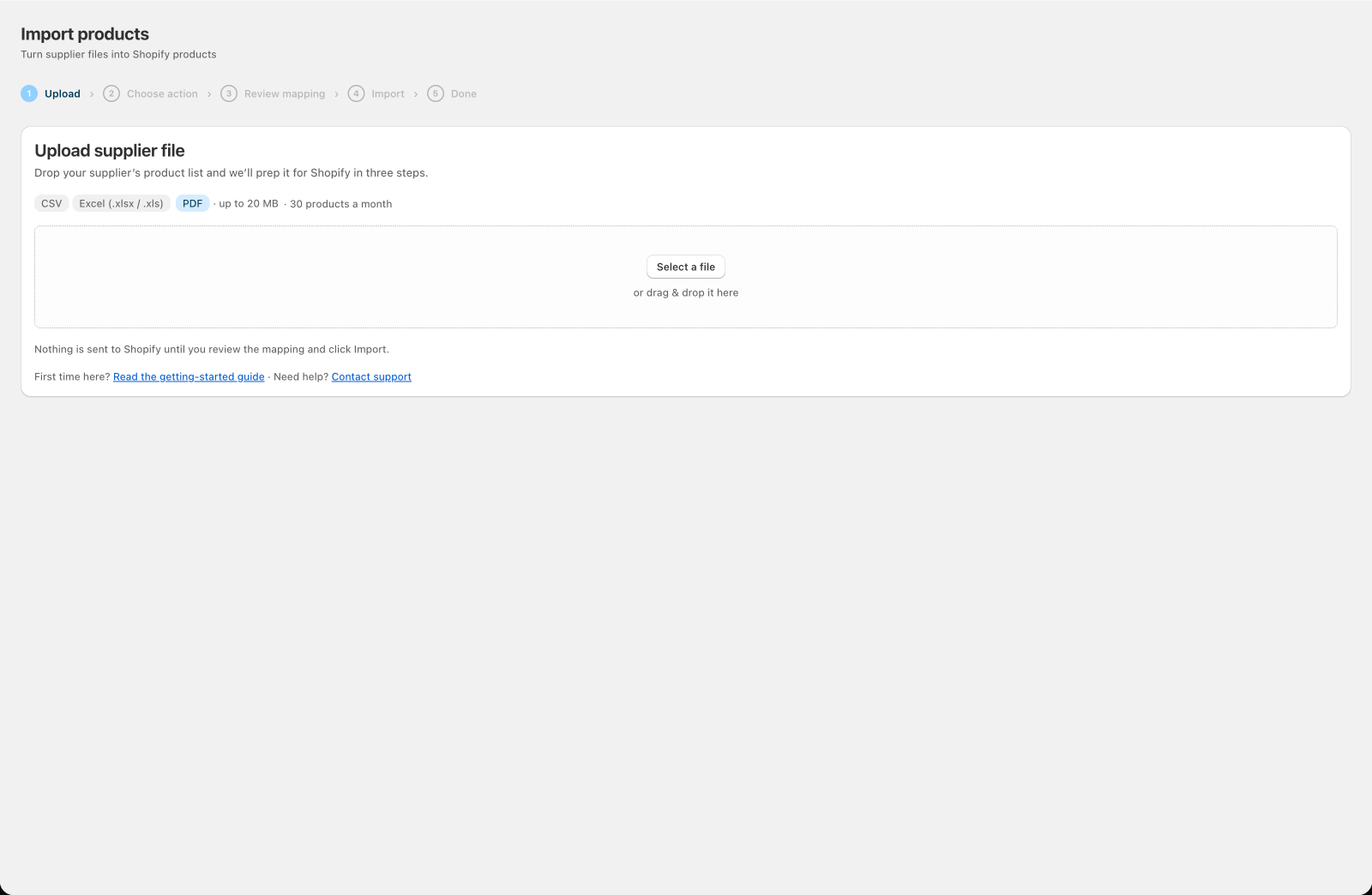 The upload screen showing accepted file types and the drag-and-drop area